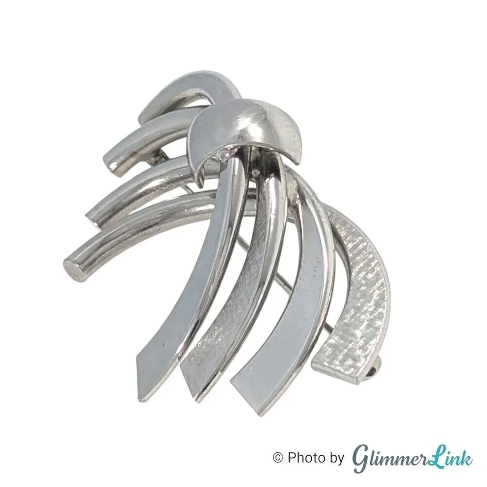 Vintage Modernist Bow Ribbon Arched Silver Tone Brooch Pin